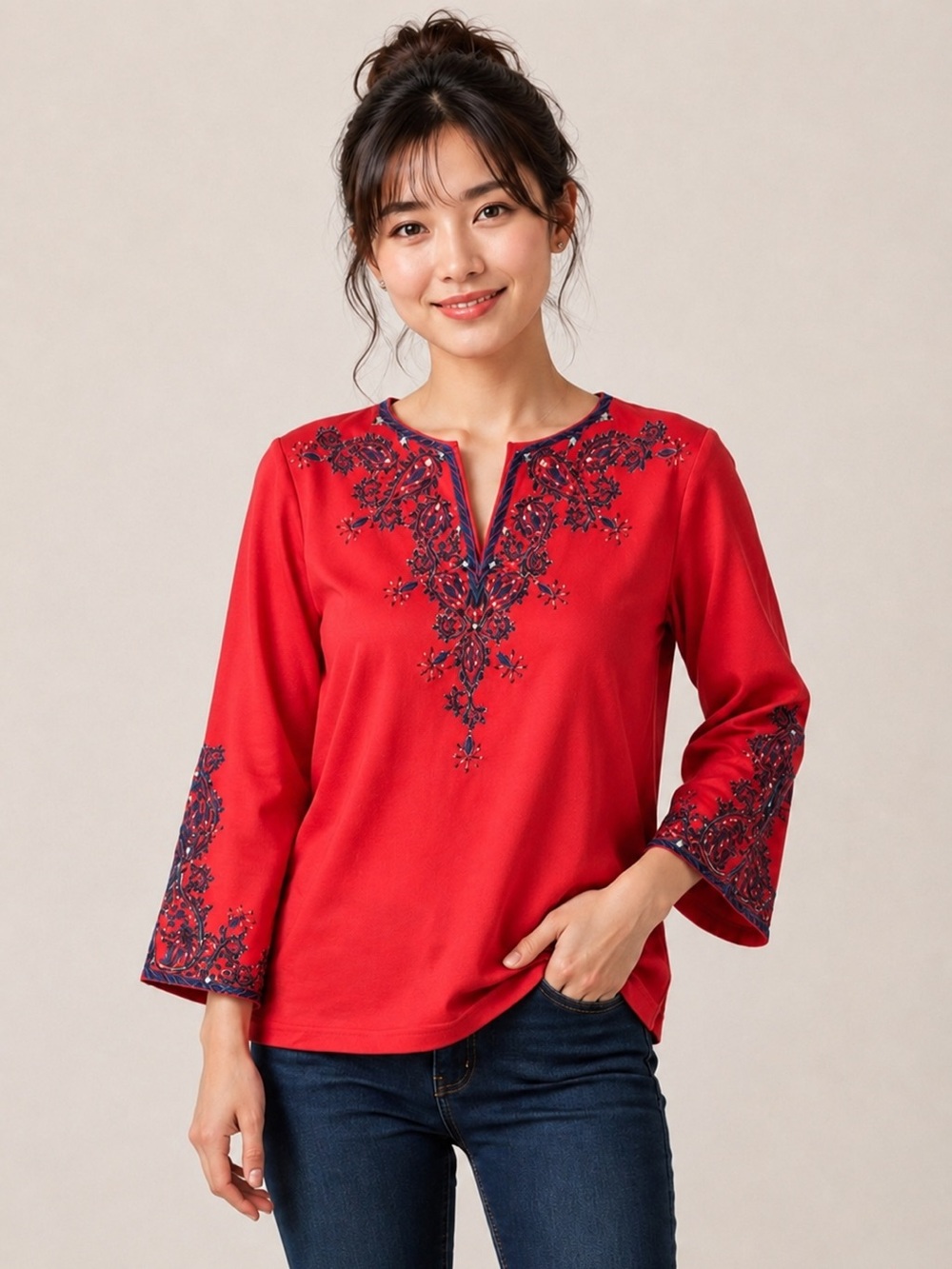 Bob Mackie Wearable Art Red Embroidered Bell Sleeve Top XS Stretch Blouse
